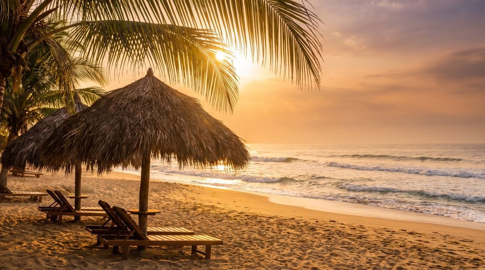 Palapa restaurants and promenade along the Progreso malecon on the Gulf coast