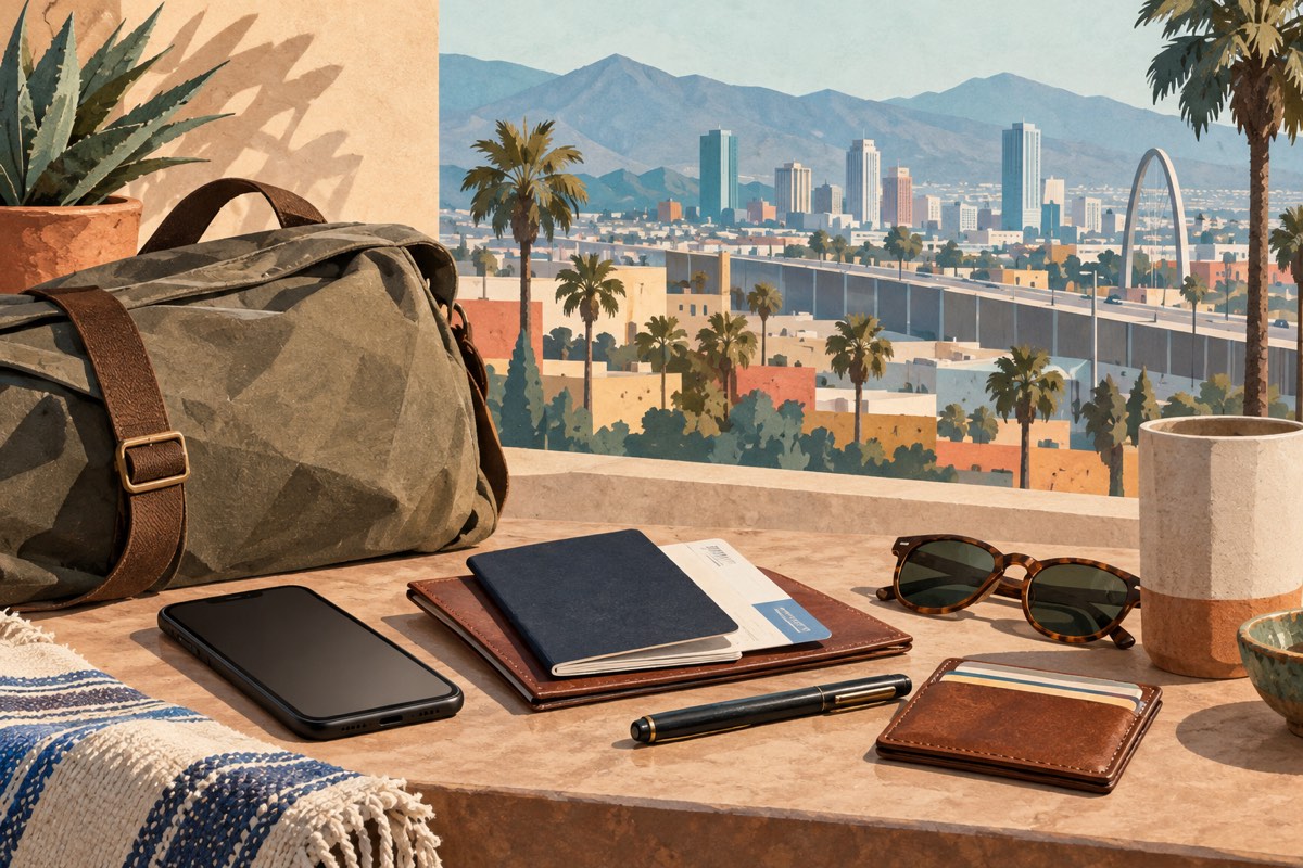 A border-city travel checklist is illustrated with a phone, documents and a planned route rather than a promise of safety.