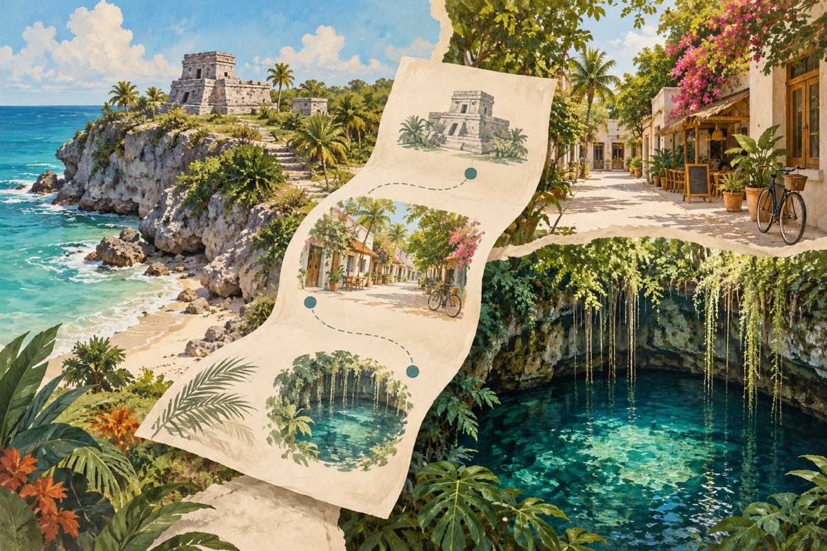 Cliffside ruins, an inland street and a cenote-inspired pool illustrate three distinct outings around Tulum.