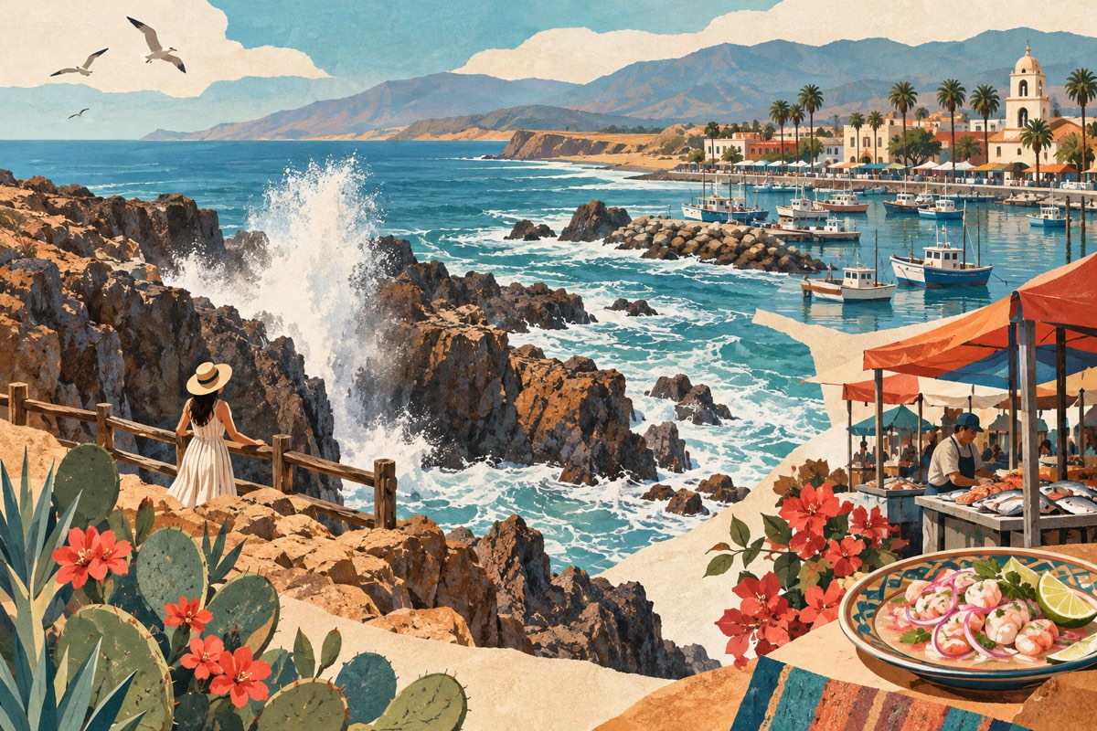 Pacific spray, a harbor and food-market details illustrate Ensenada’s different coast-and-city choices.