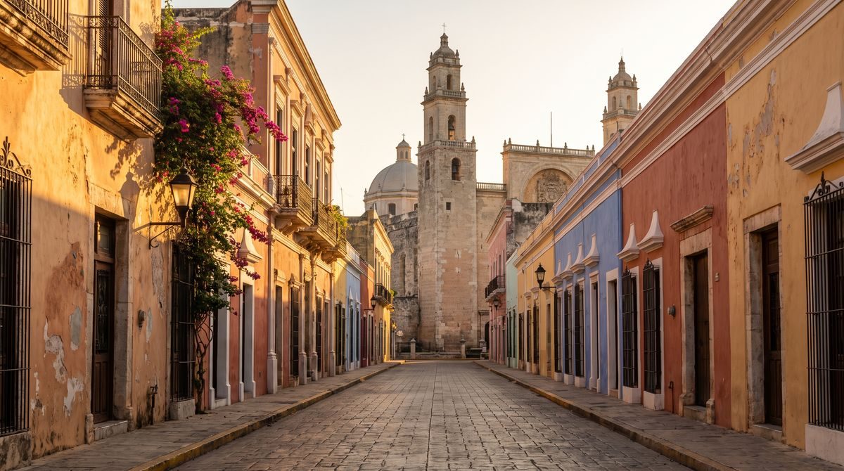 Pastel colonial facades and horse carriages along Paseo de Montejo in Merida, Yucatan