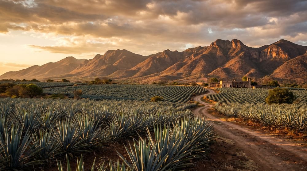 Agave field beside a dirt path with mountains and buildings