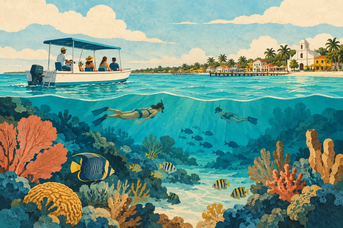A reef, a small boat and an island shoreline illustrate Cozumel’s water-based and land-based day choices.