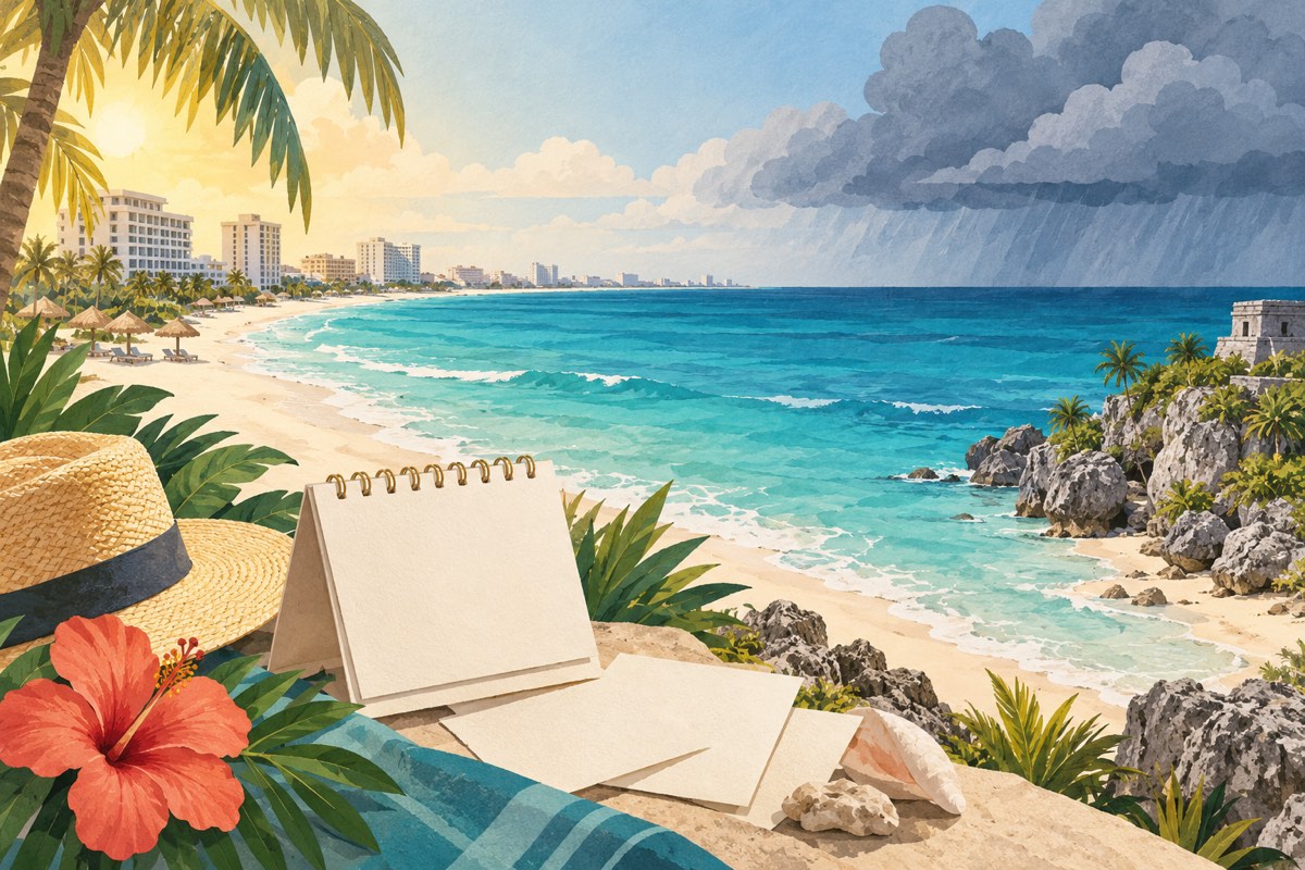 A Cancún-inspired shore and hotel buildings under changing skies illustrate why an accommodation area and water conditions answer different questions.