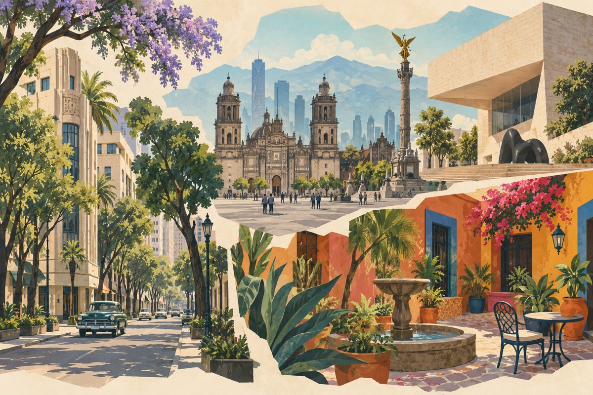 Distinct illustrated streets and plazas suggest how different Mexico City bases can suit different travel plans.