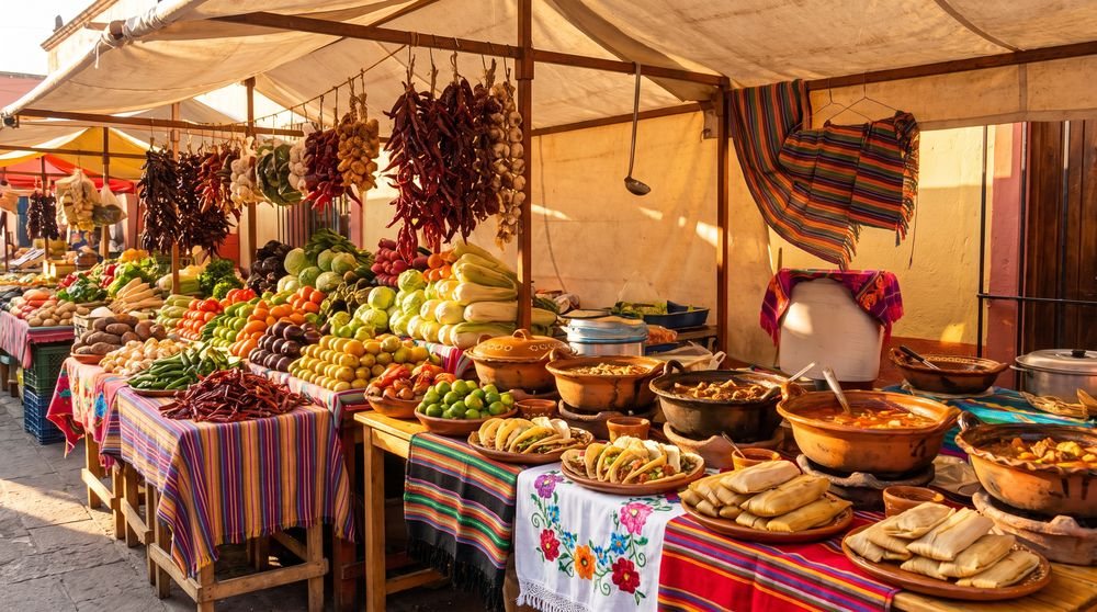 Outdoor market stall with fruits, vegetables, dried chilies, cooked food, and canopies