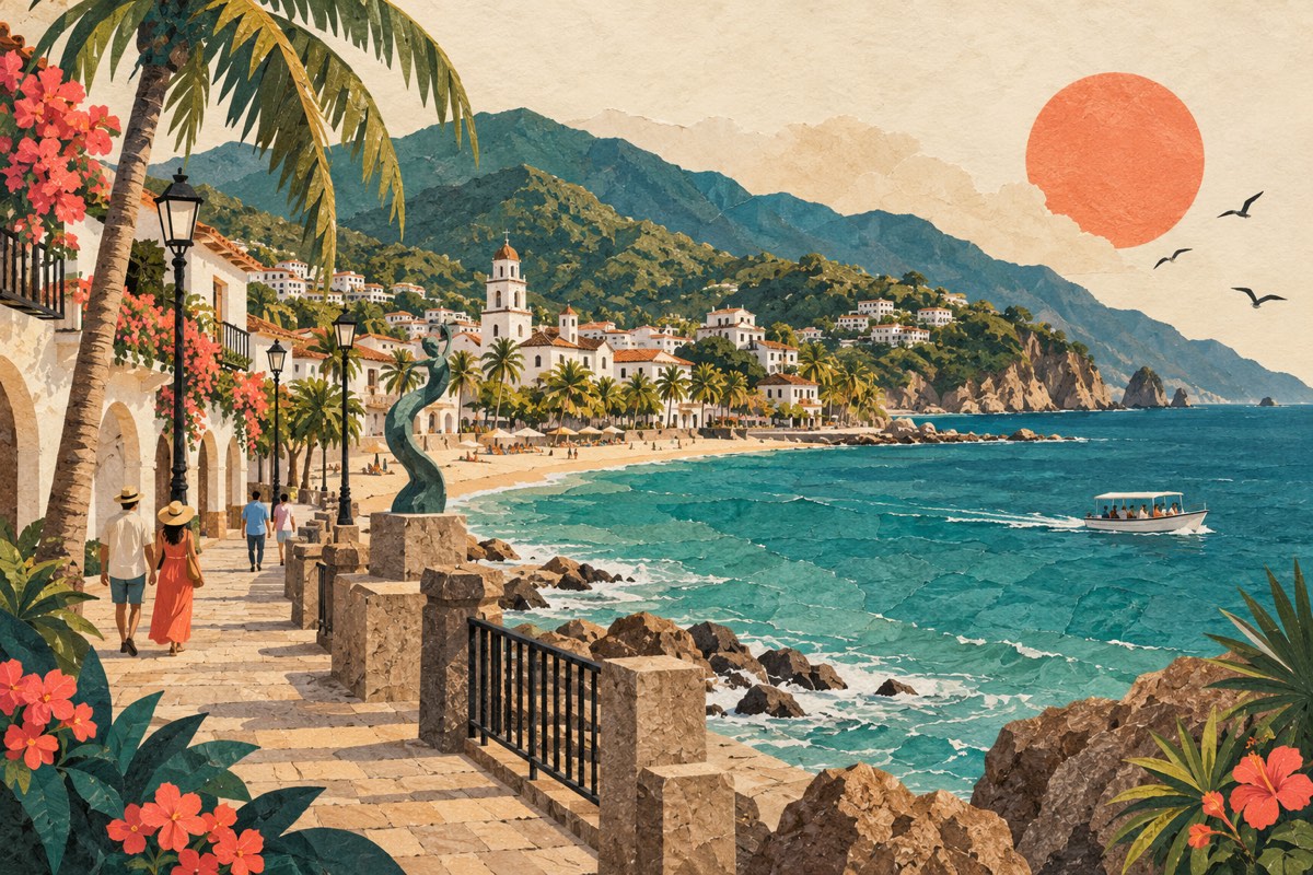 A Pacific promenade, coastal hills and sculpture-like forms illustrate a city-focused Puerto Vallarta day.