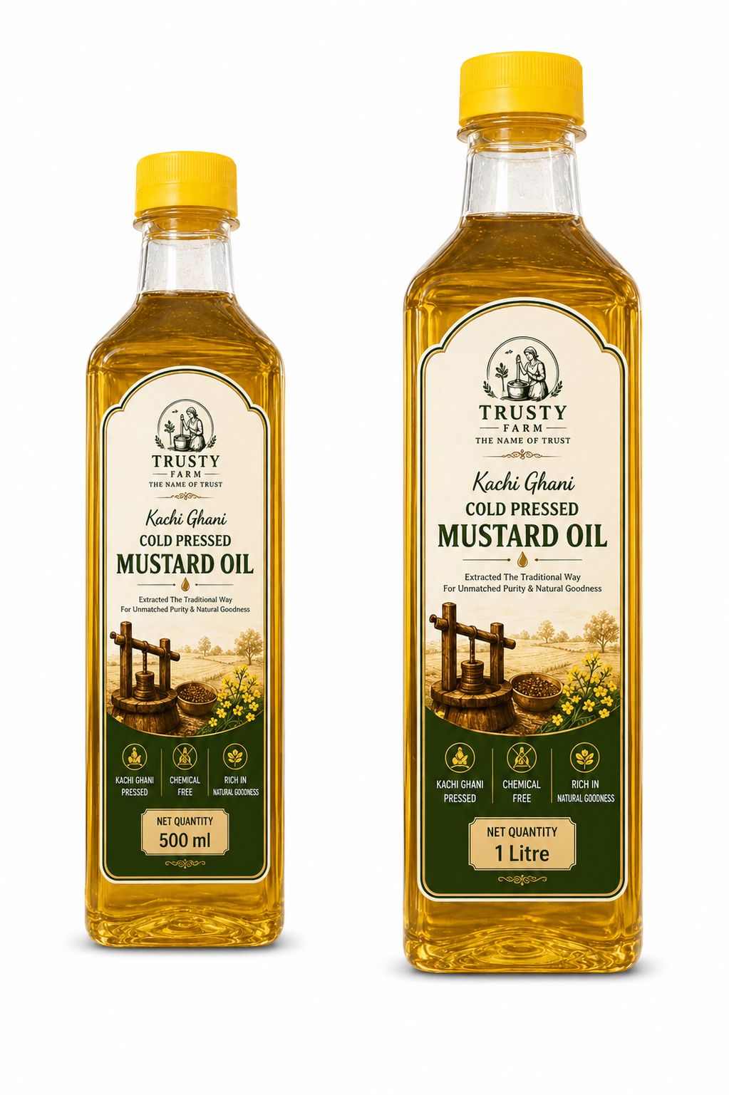 Trusty Farm Kachi Ghani cold-pressed mustard oil in 500 ml and 1 litre bottles