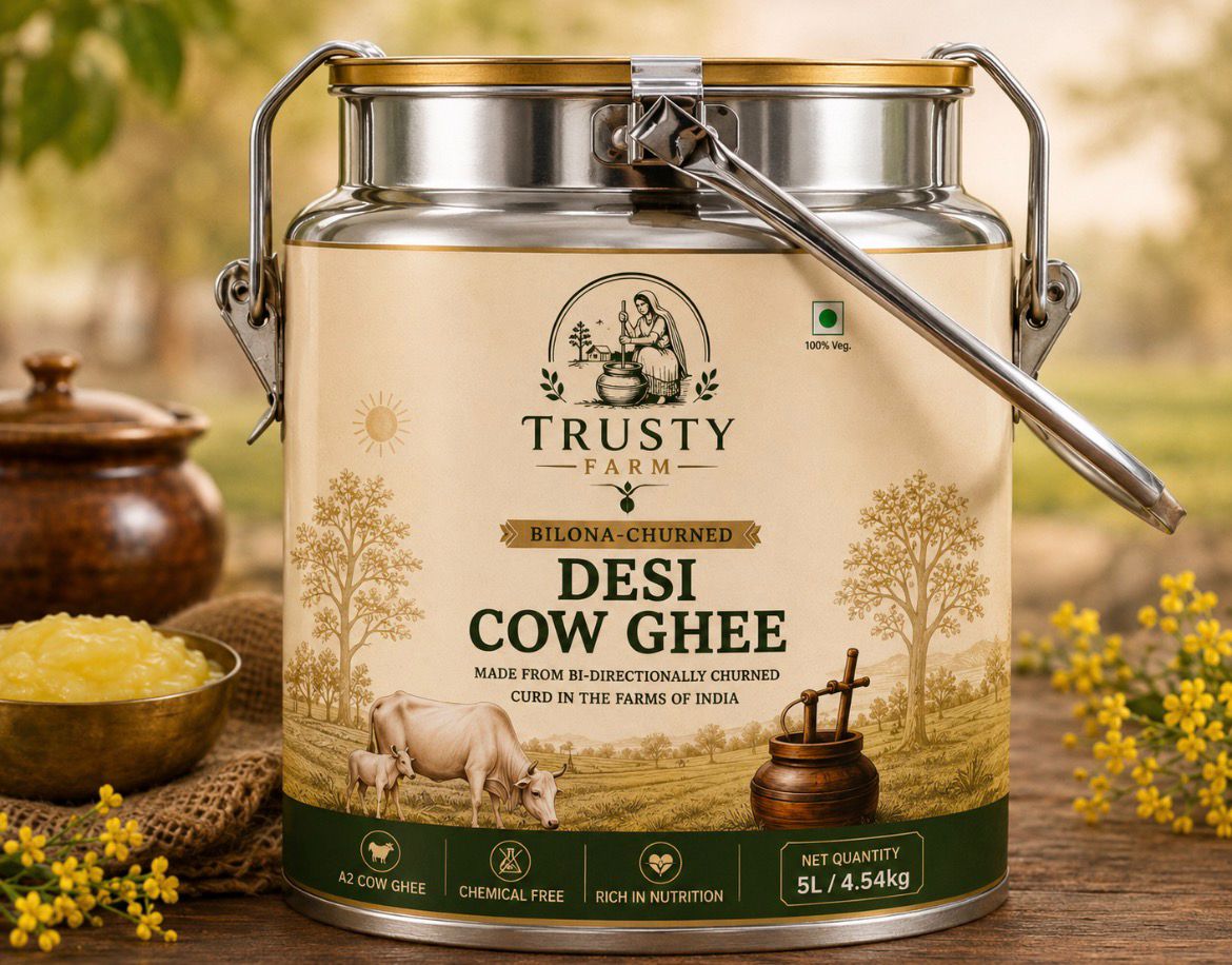 Trusty Farm Bilona-churned Desi Cow Ghee 5 litre tin