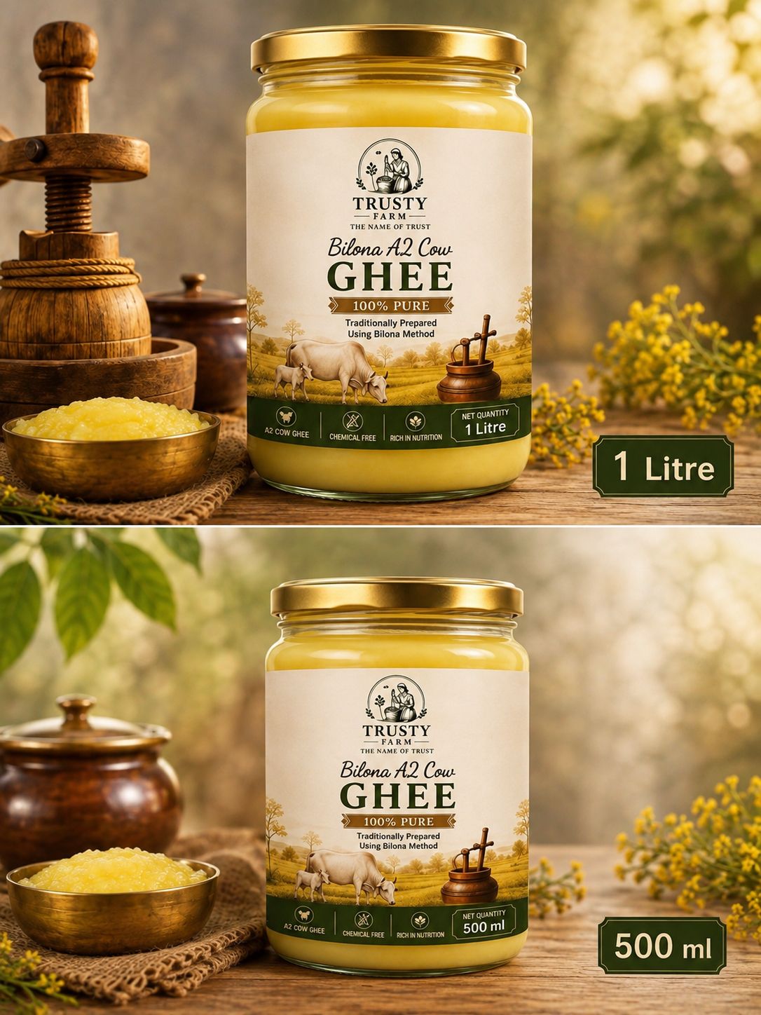 Trusty Farm Bilona A2 Cow Ghee in 1 litre and 500 ml jars