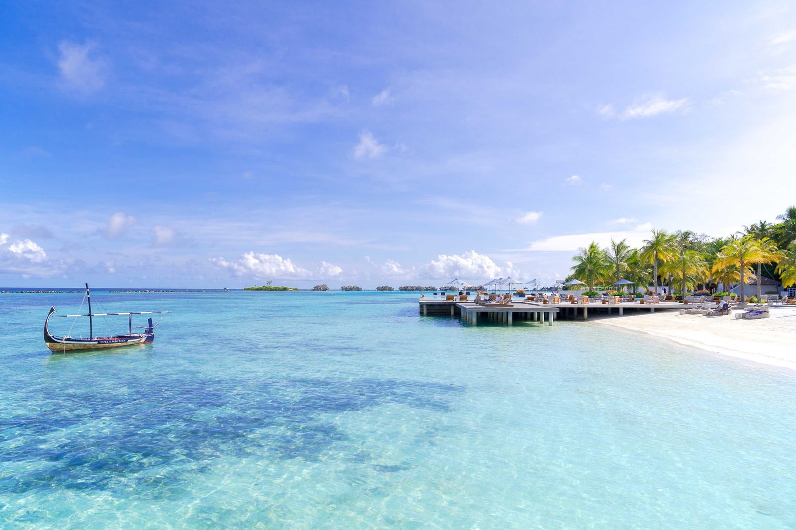 Explore a tranquil tropical paradise with a serene beach, clear water, and scenic pier.
