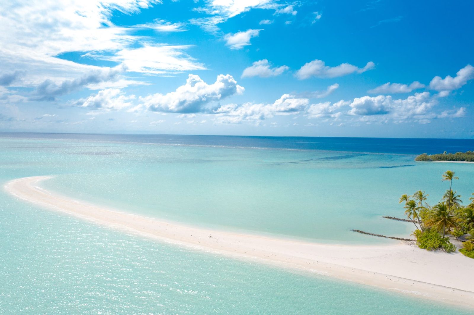 A serene aerial view of a pristine beach with azure waters and palm trees in the Maldives.