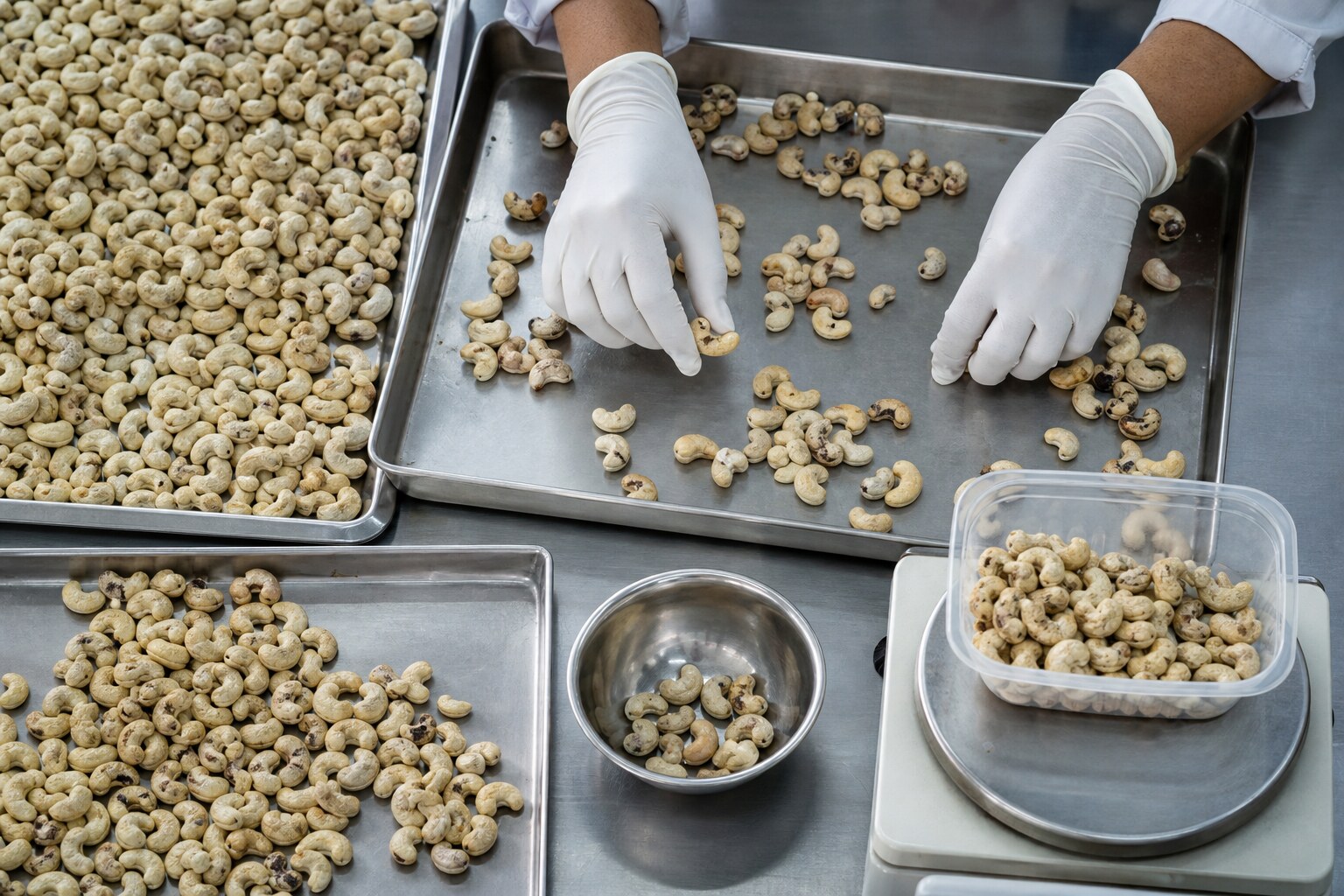 Cashew quality sorting on stainless inspection trays