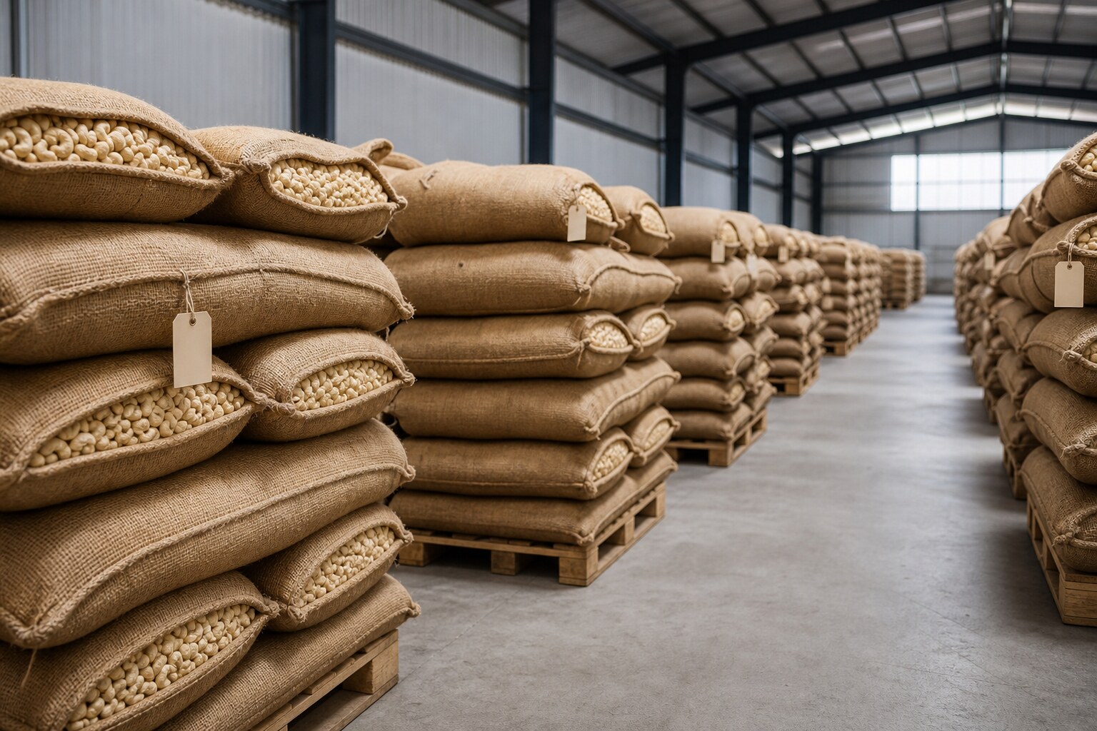 Organised cashew stock stored on pallets in a clean warehouse