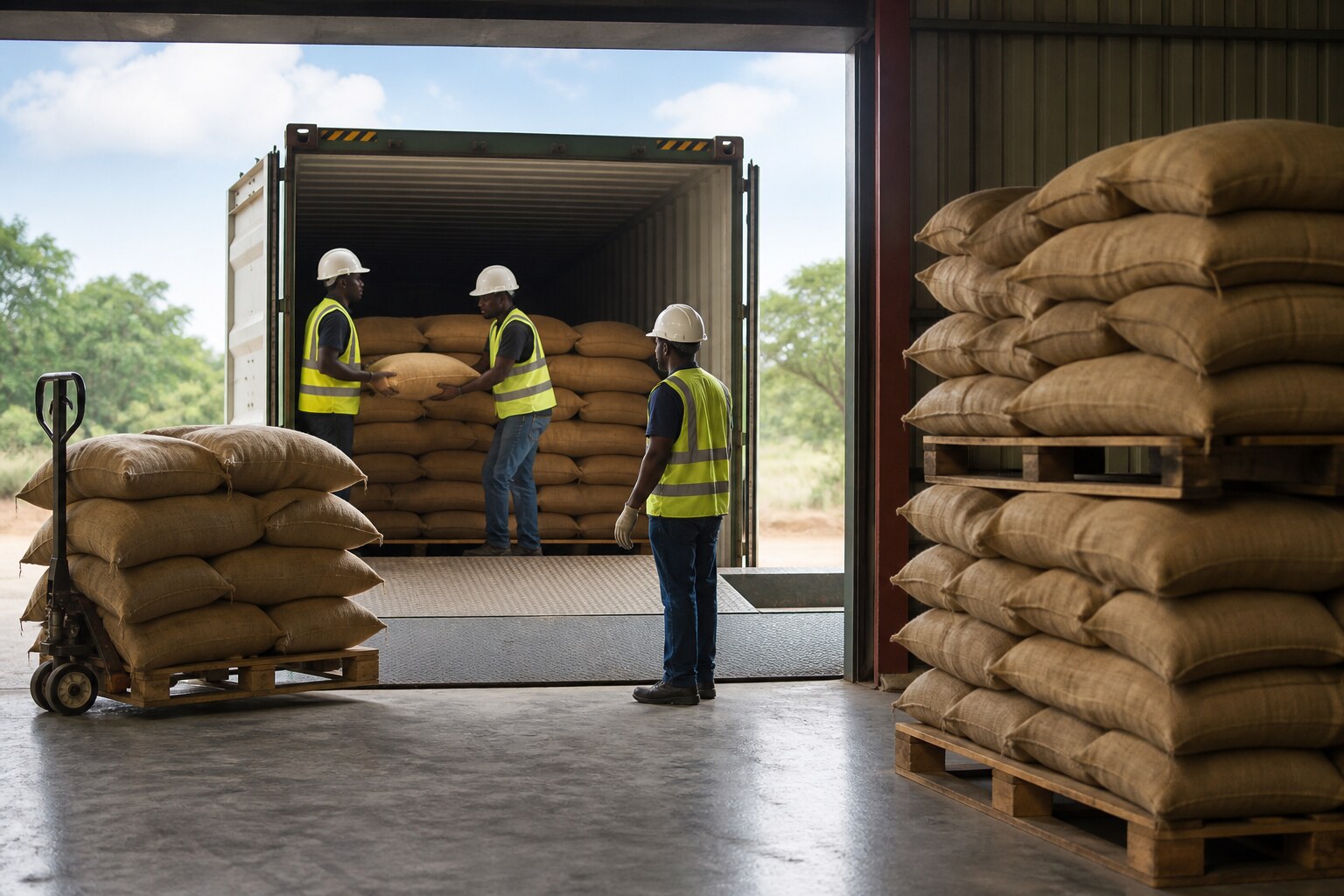 Workers coordinating sack loading into a shipping container