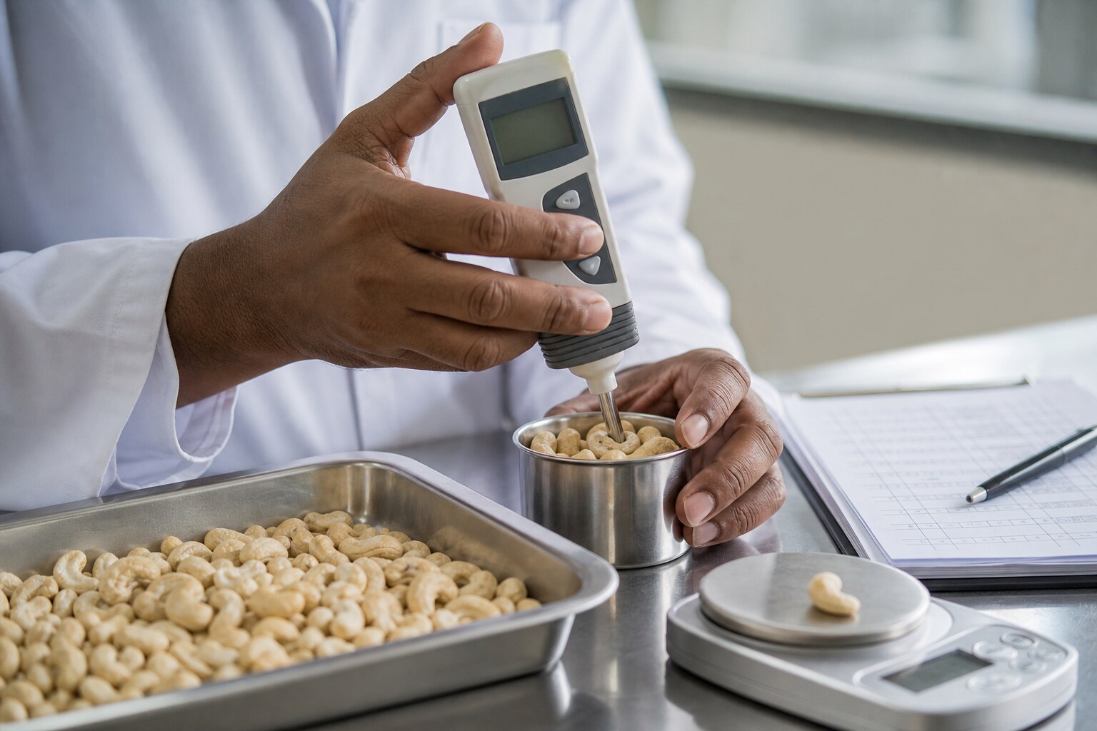 Technician checking moisture on a cashew sample