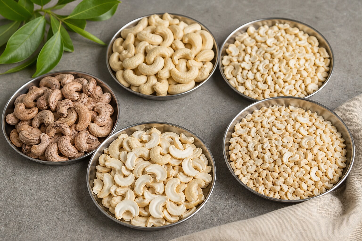 Distinct cashew kernel grades presented in sample trays
