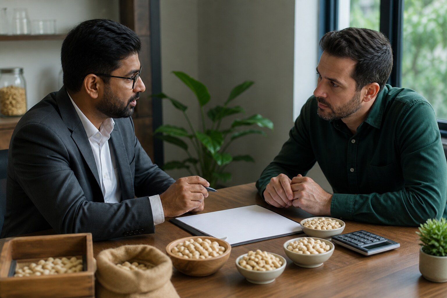 Buyer and supplier reviewing cashew samples and commercial terms
