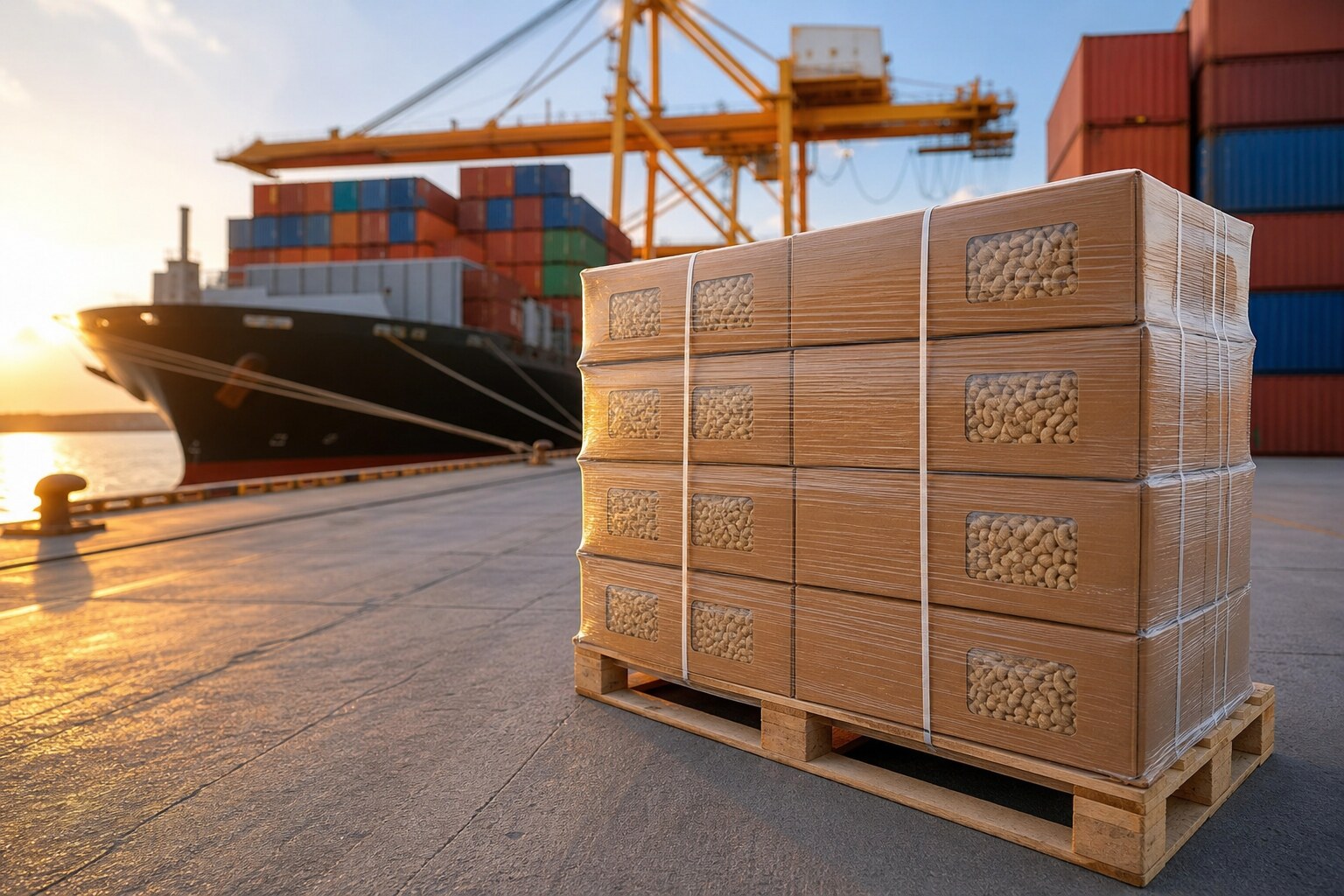 Packed cashew cartons prepared for seaport handover