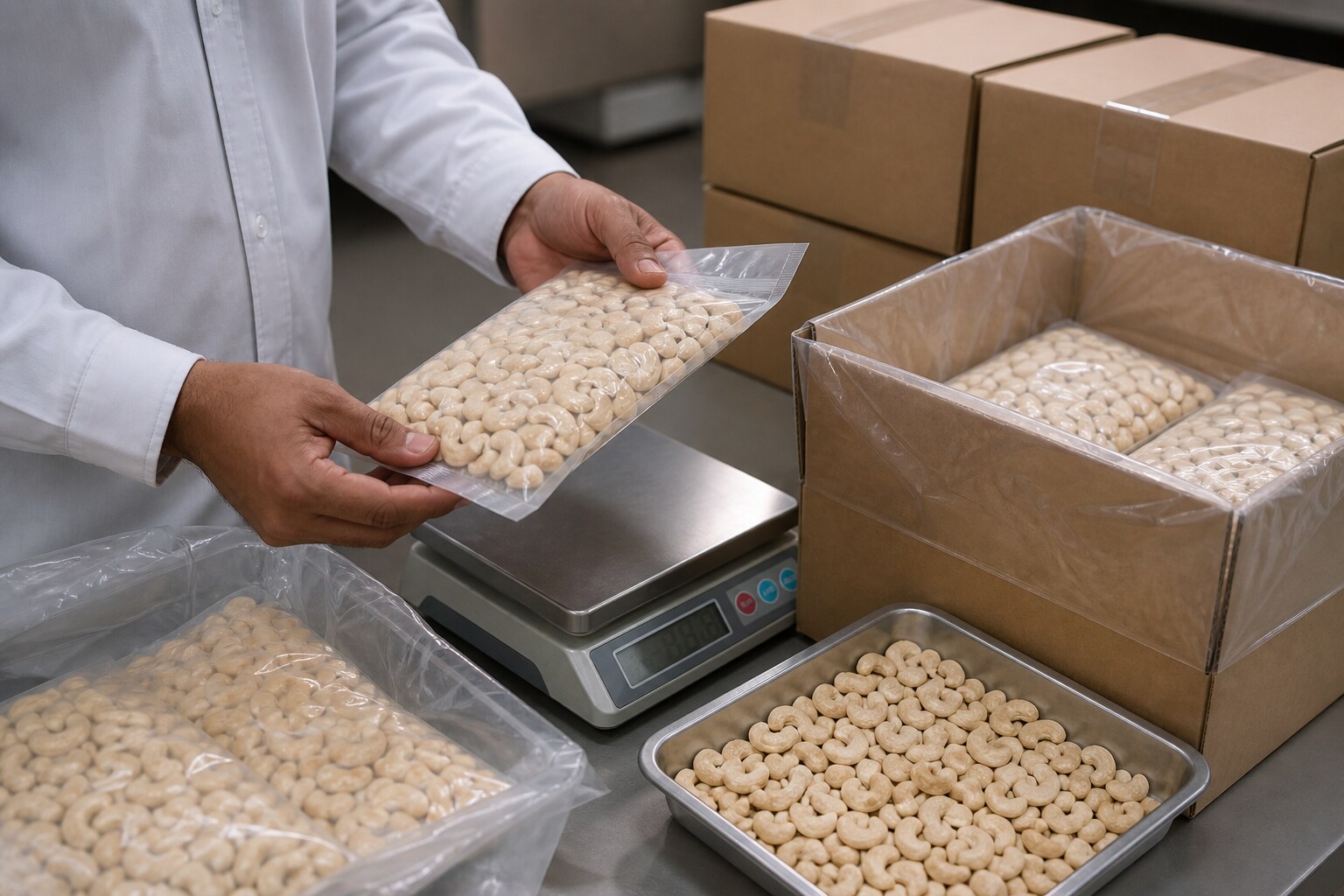 Cashew pack weight and sealing checked at a clean control station