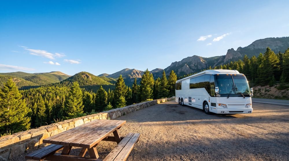 White bus parked beside a picnic table near mountains and trees