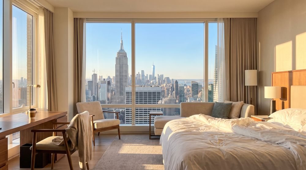 Bedroom with an unmade bed, desk, chairs, and city skyline view.