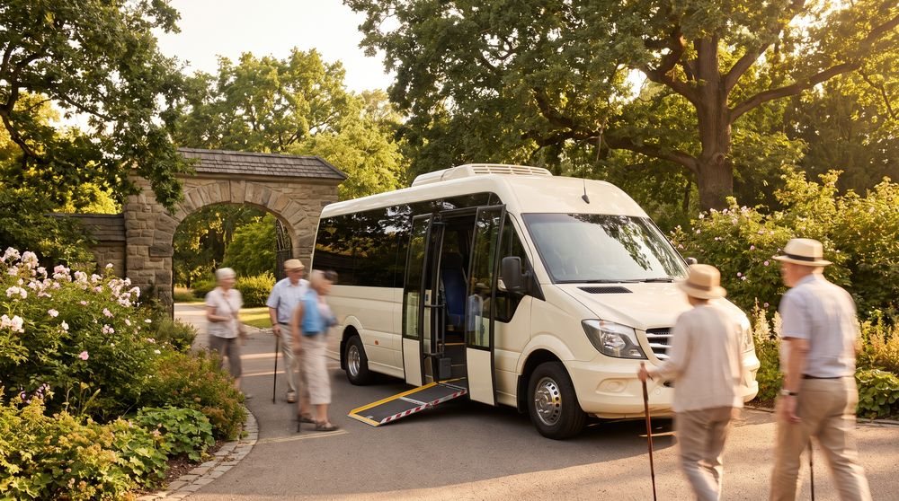 White shuttle van parked on a garden path beside a stone arch