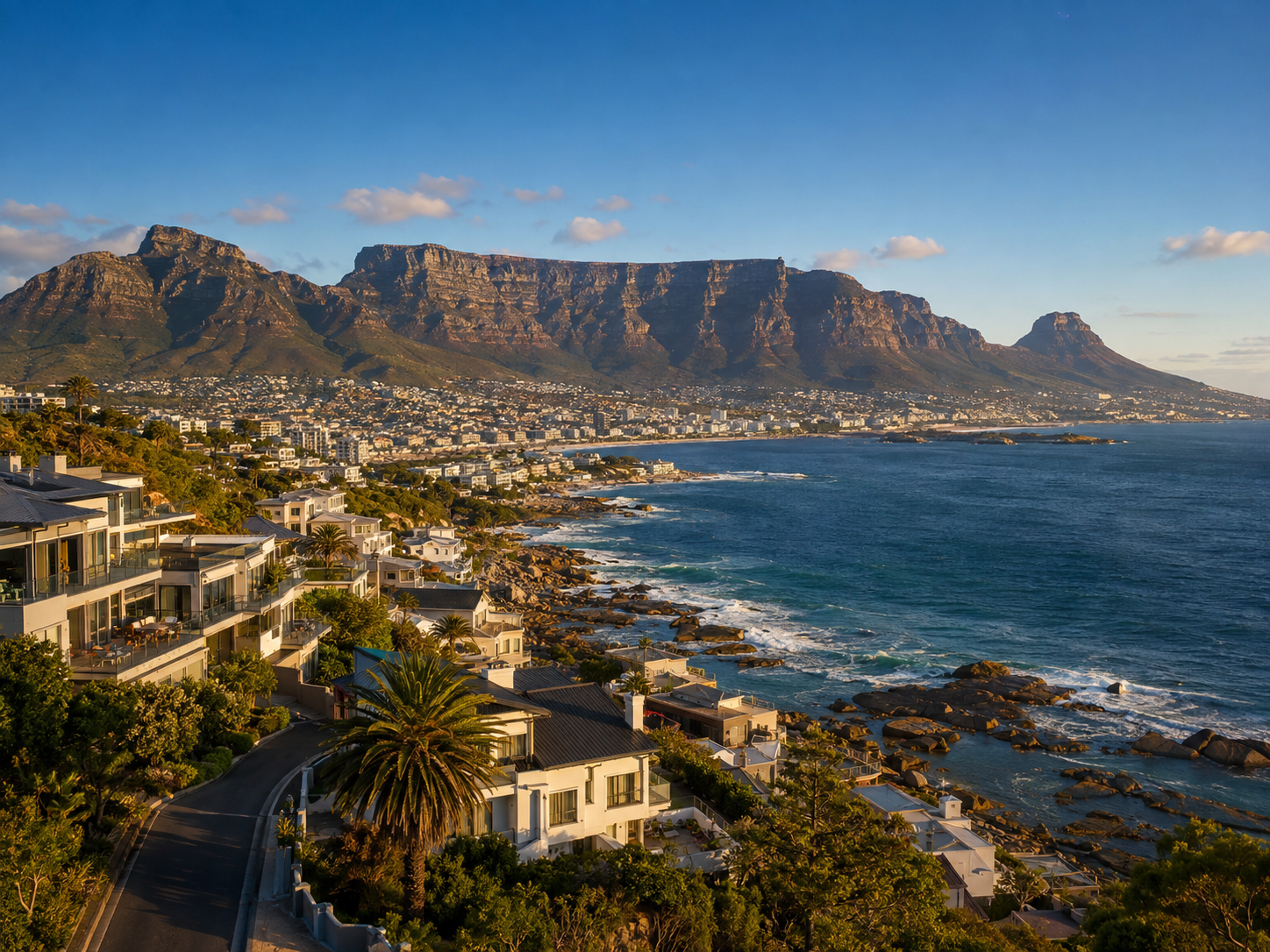 Cape Town coastline and Table Mountain in warm afternoon light