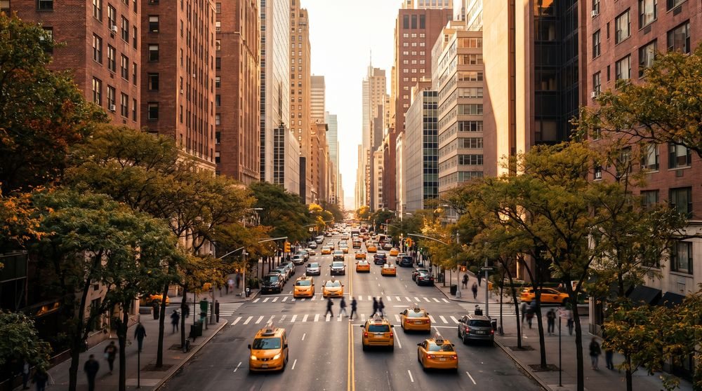 Busy city avenue with yellow taxis, tall buildings, trees, and pedestrians crossing.