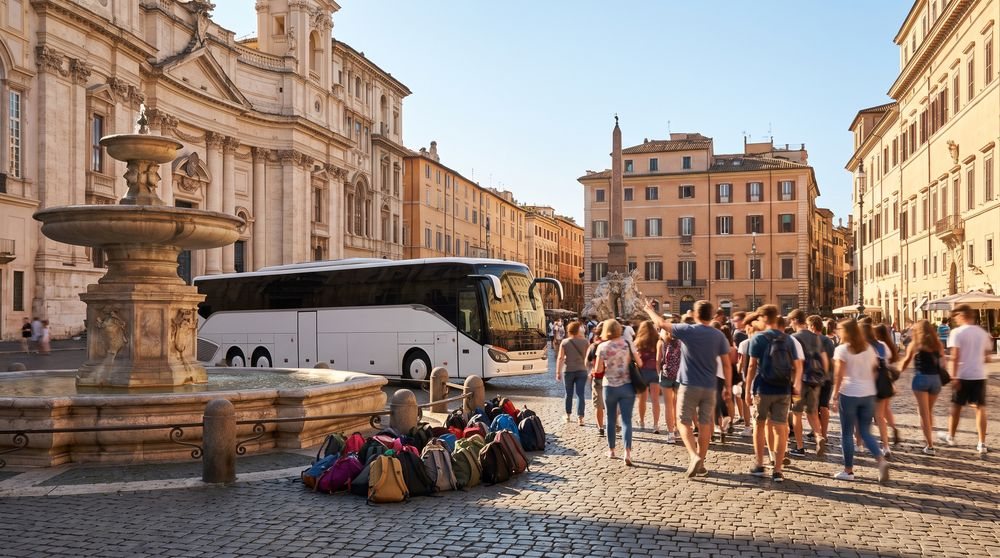 Crowded cobblestone square with a fountain and tour bus