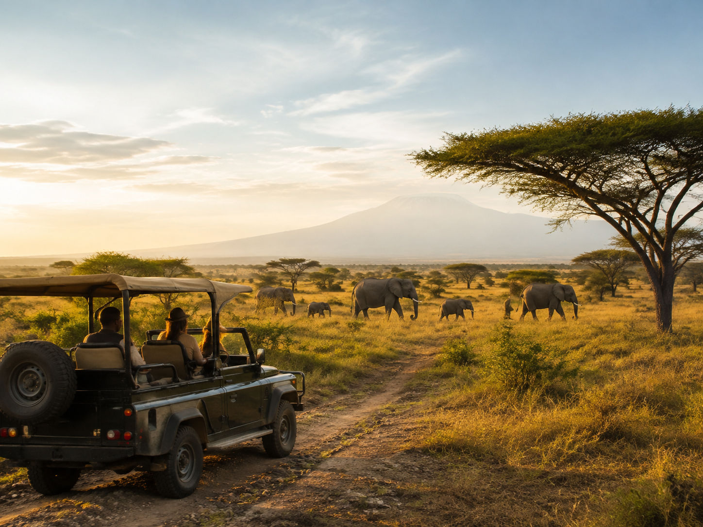 Travelers observing elephants on an East African safari at golden hour
