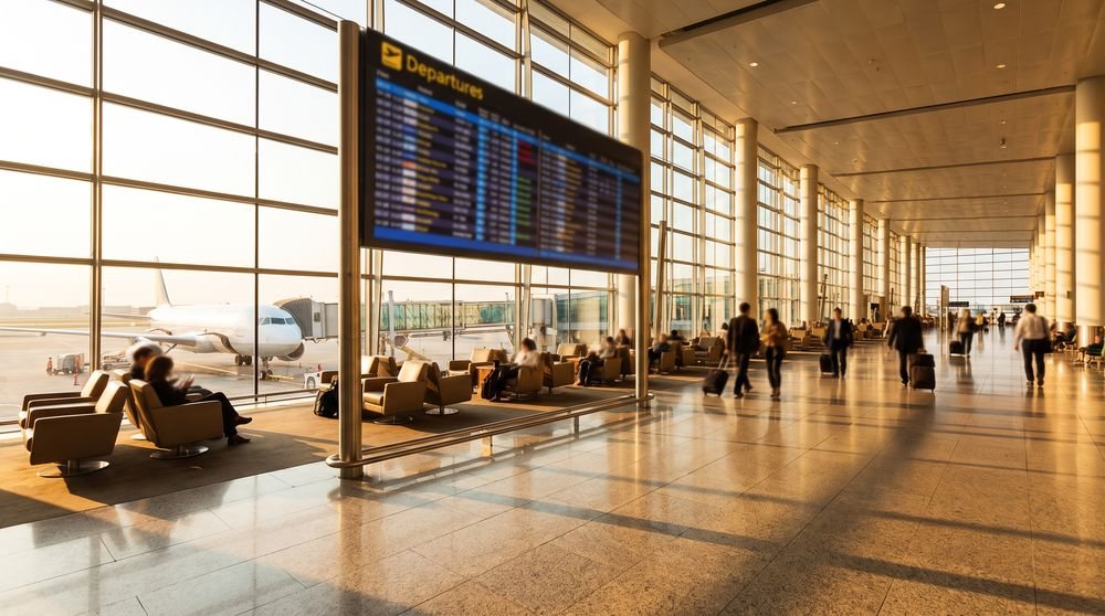 Airport departure lounge with passengers, flight information display, and plane outside
