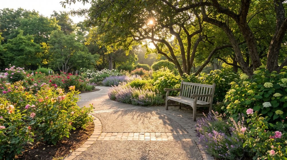 Garden path with flowers, trees, a wooden bench, and dappled sunlight.