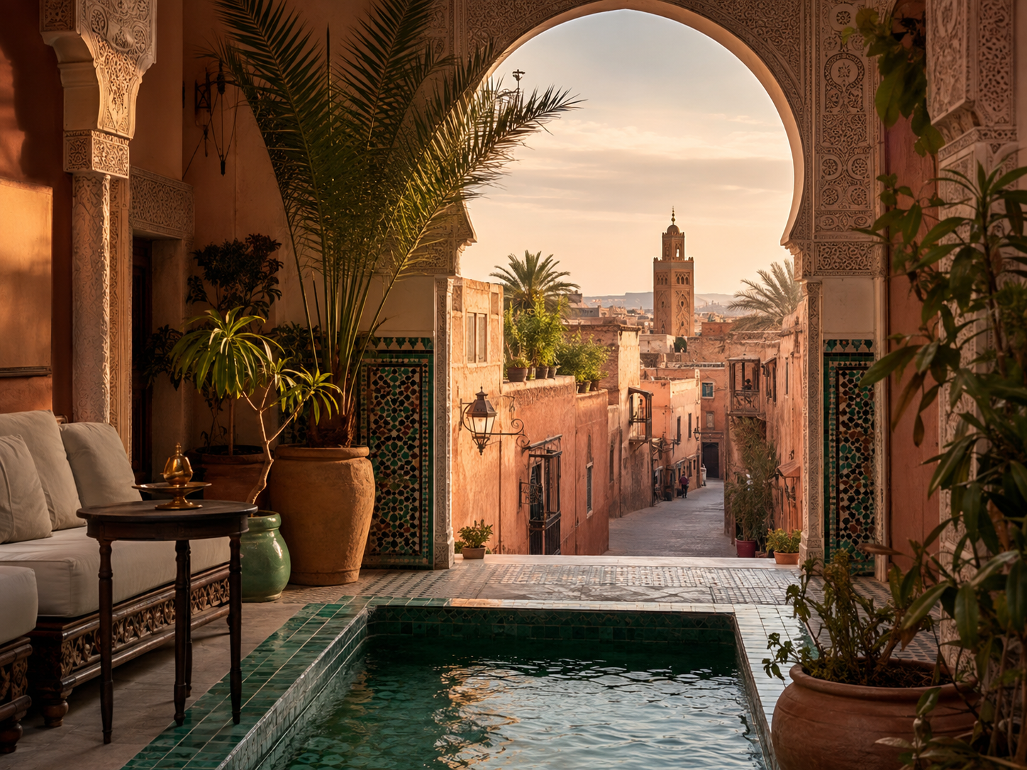 A Moroccan riad overlooking a historic medina in evening light