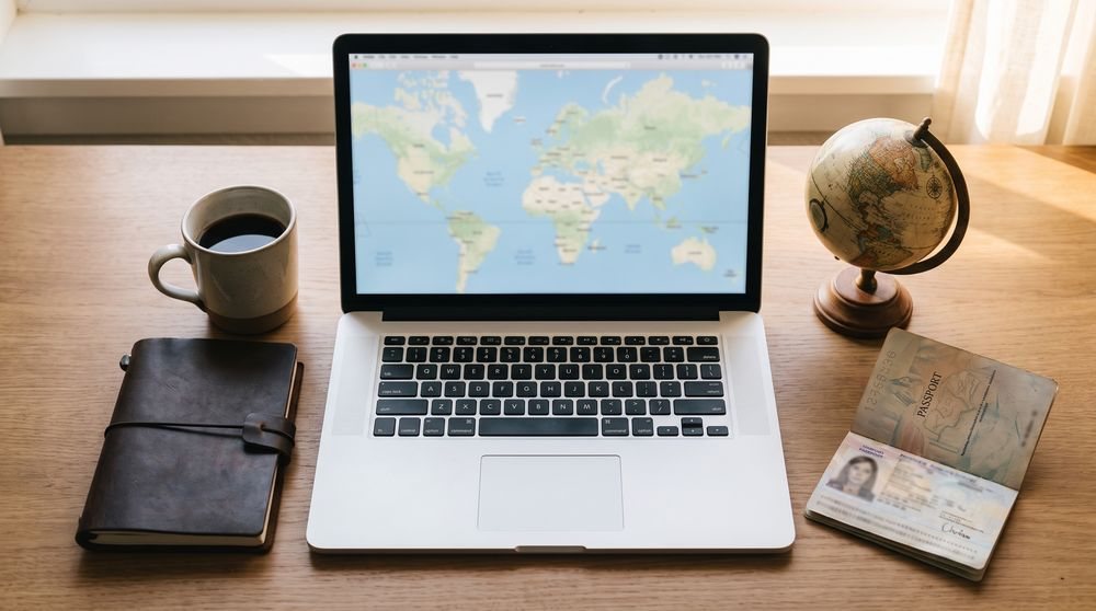 Laptop showing a world map beside a mug, notebook, globe, and passport