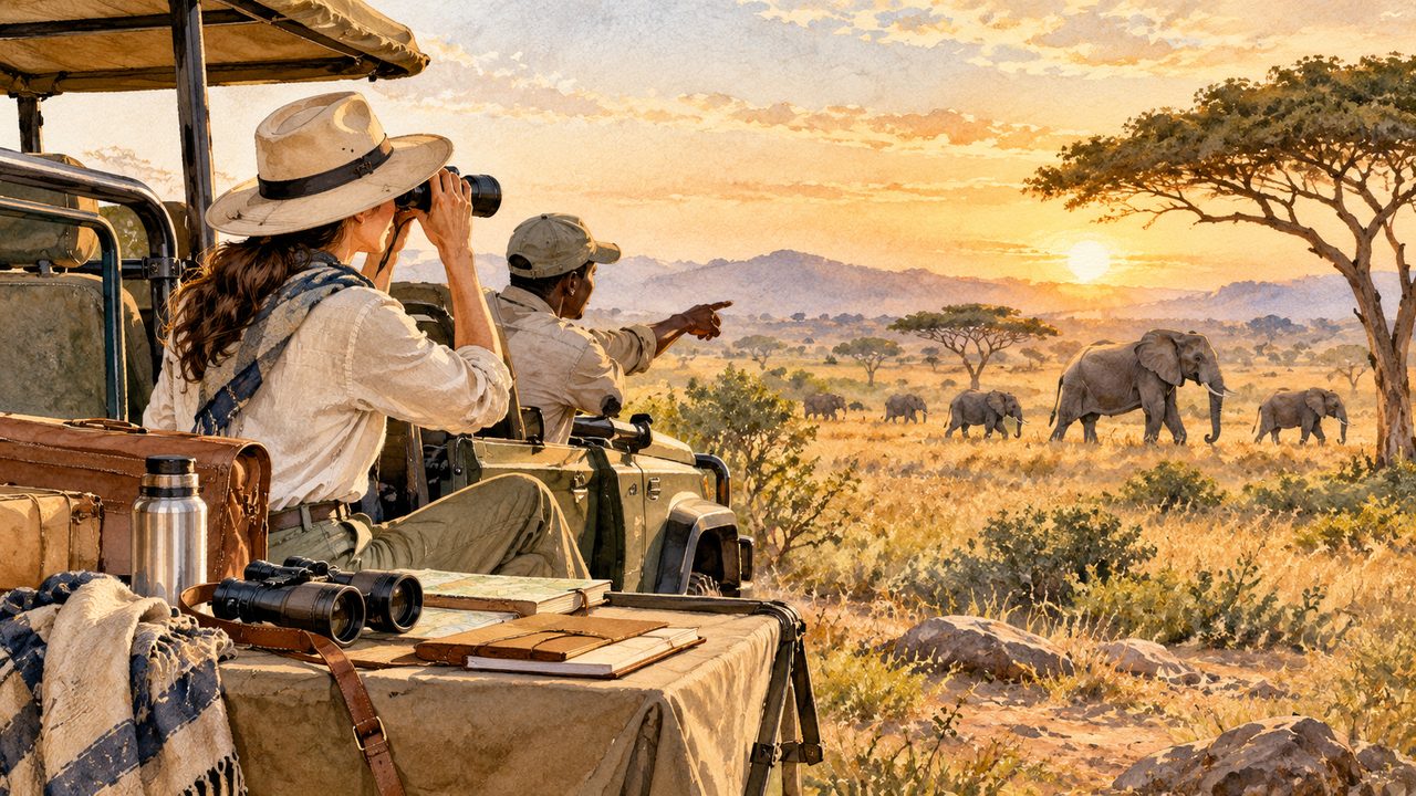 Safari travelers and equipment beside a vehicle overlooking elephants on a savanna.