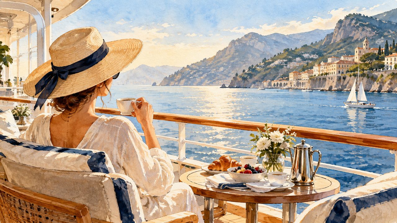 Traveler with a cup and notebook overlooking the sea from a cruise deck.
