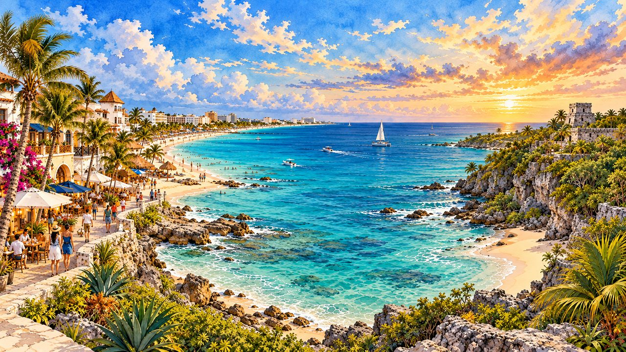 Mexico-inspired shoreline with beaches, vegetation and coastal ruins.