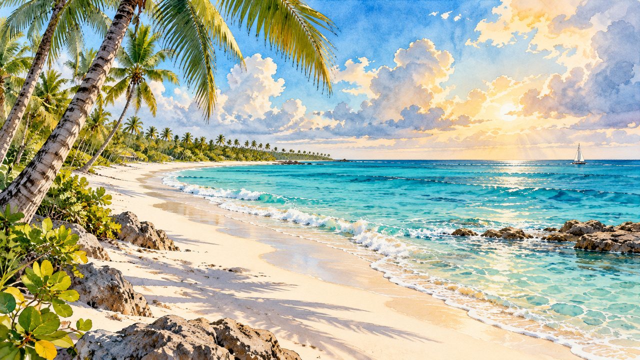 Punta Cana-inspired palm beach and turquoise sea.