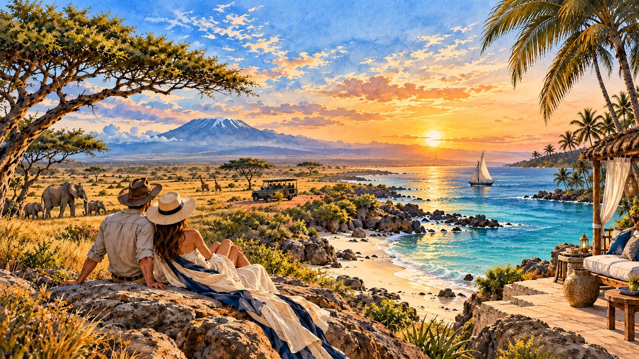 Couple surveying a conceptual safari landscape beside a tropical beach scene.