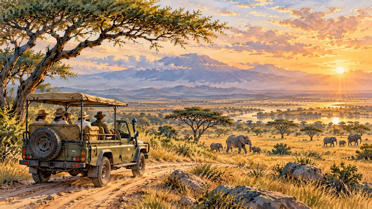 Safari vehicle overlooking an East African savanna and distant elephants.