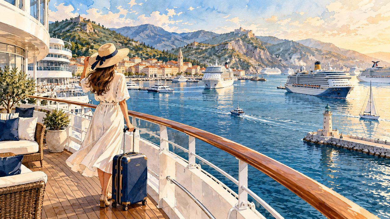 Solo traveler looking across a generic cruise harbor from a ship deck.
