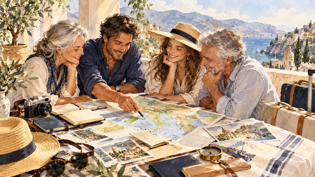 Travelers sharing a map and vacation planning notes at a table.