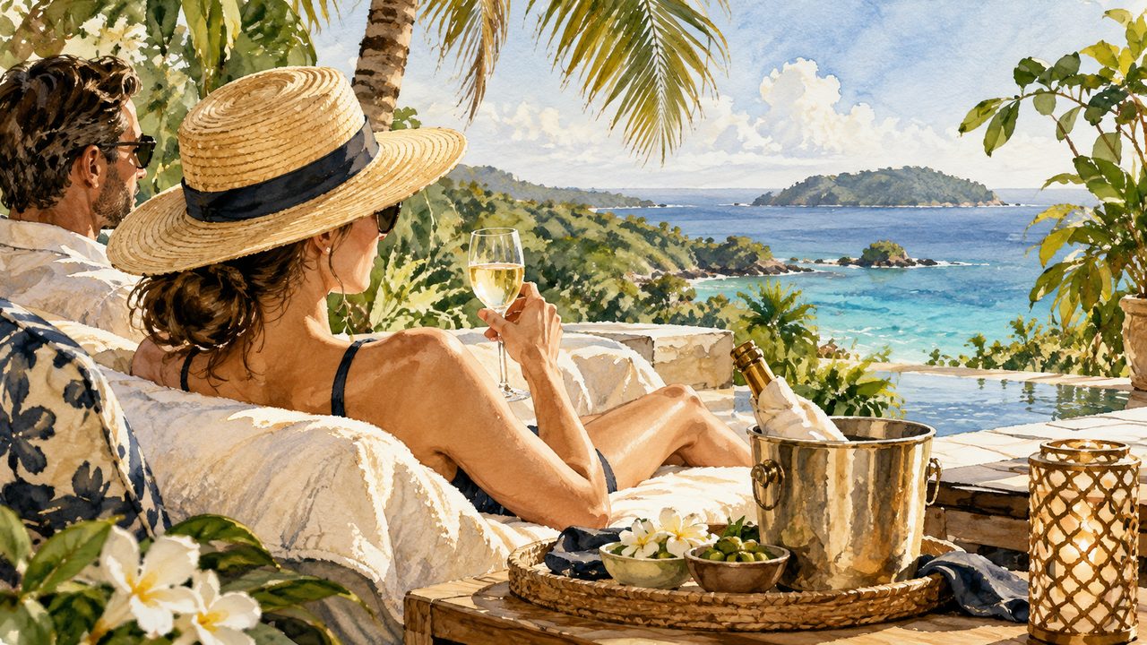 Couple relaxing with a drink in a peaceful tropical vacation setting.