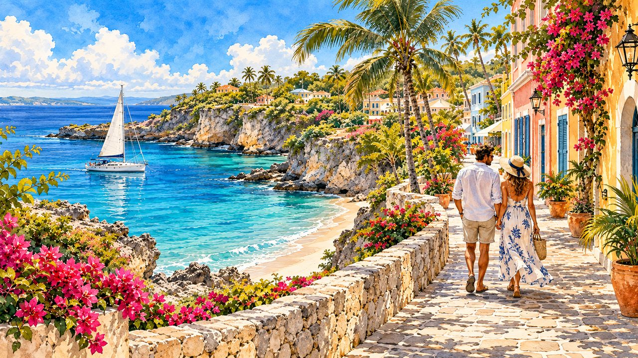 Couple exploring a Caribbean-inspired seaside town and cove.