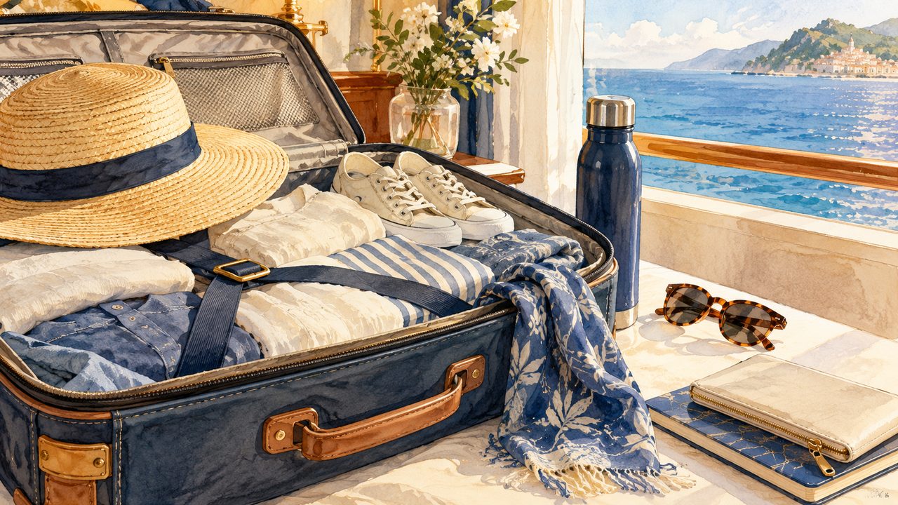 Cruise packing vignette with suitcase, sun hat, notebook and ocean-view window.
