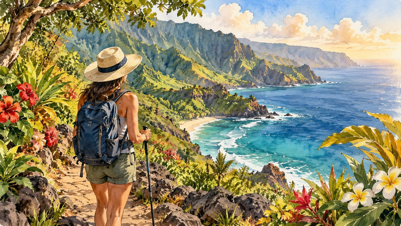 Traveler on a hiking path overlooking Hawaii-inspired coastal cliffs.