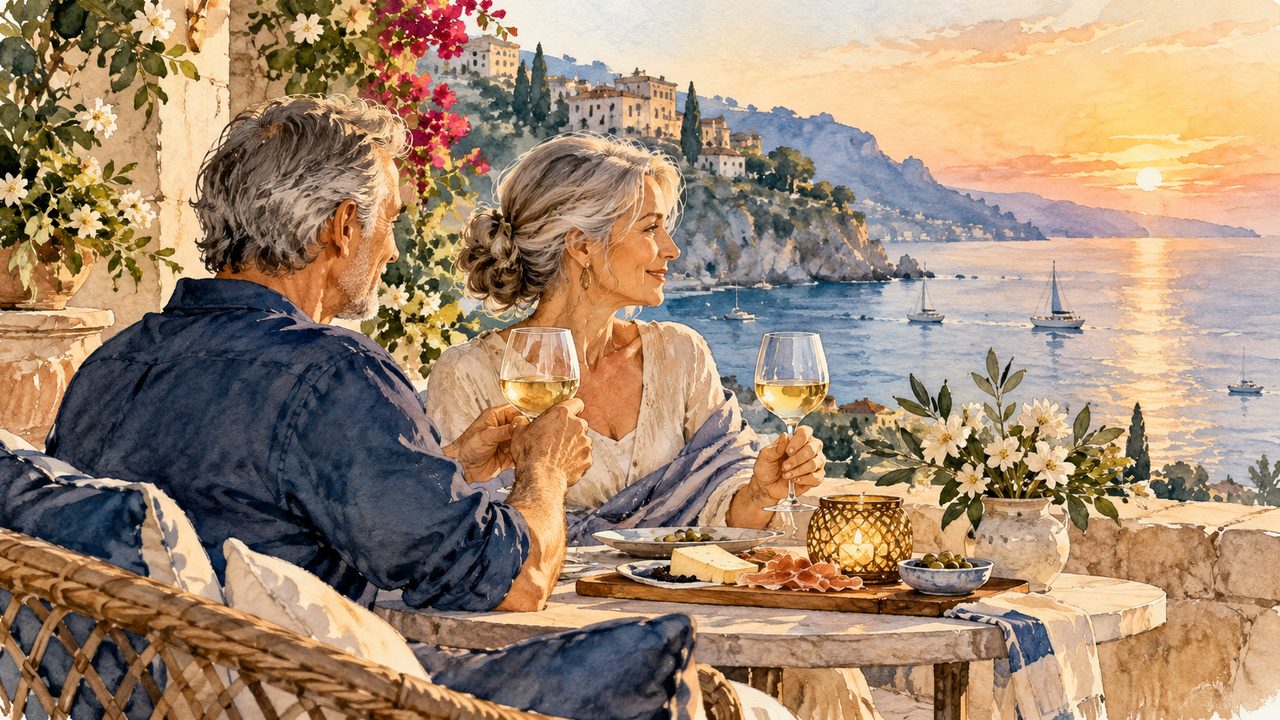 Mature couple sharing a meal on a scenic waterfront terrace.