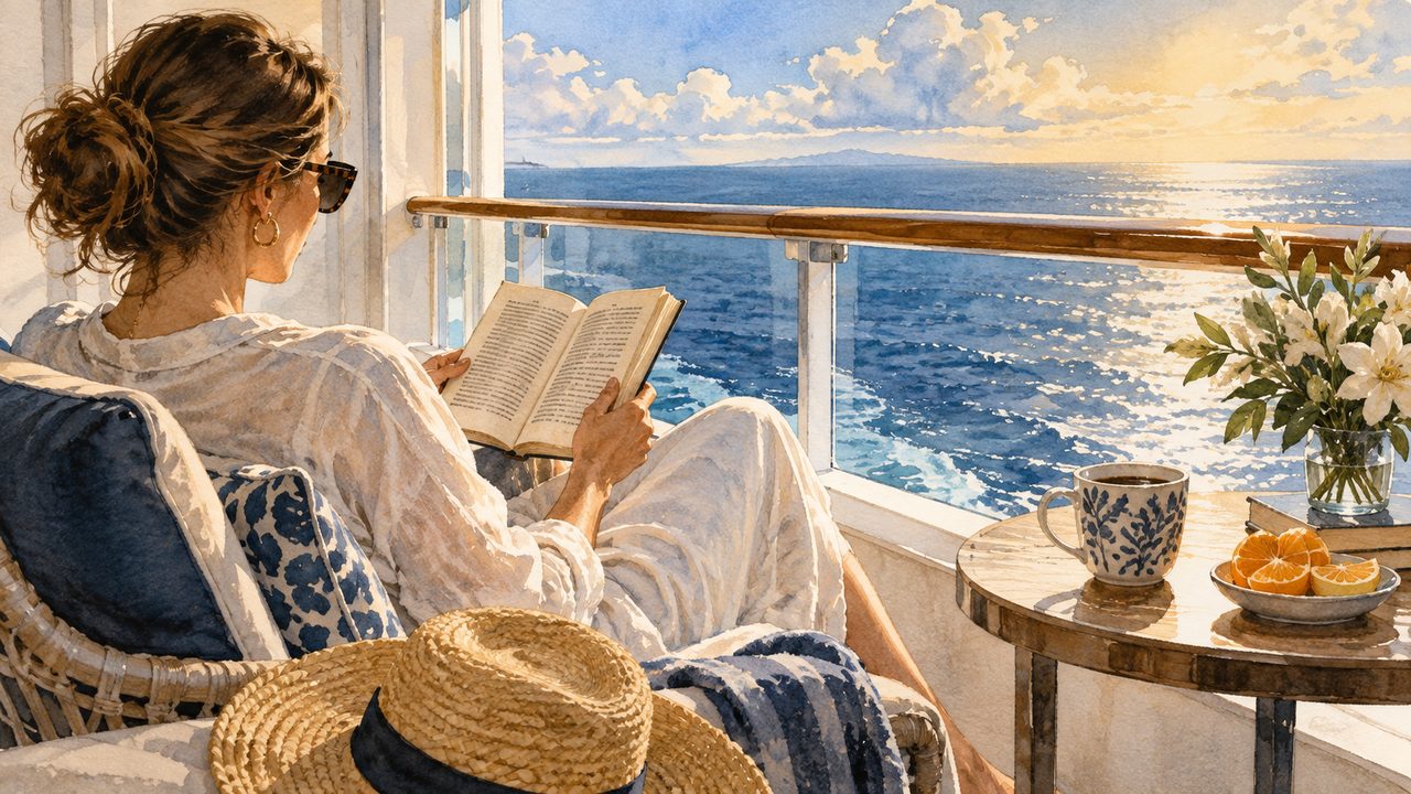 Solo traveler reading beside a cup and sun hat on an ocean-view cruise balcony.