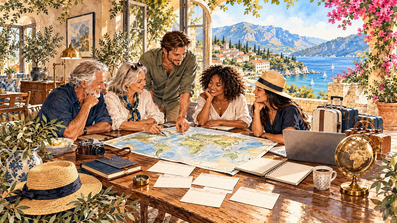 Group of travelers reviewing a map and vacation plans around a table.